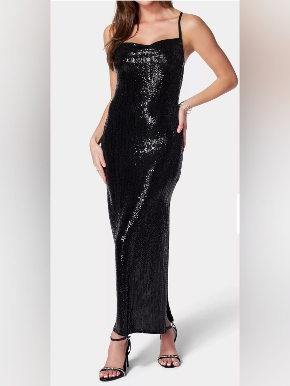 Vintage Y2K Black Sequin Cowl Neck Maxi Dress Spaghetti Strap L